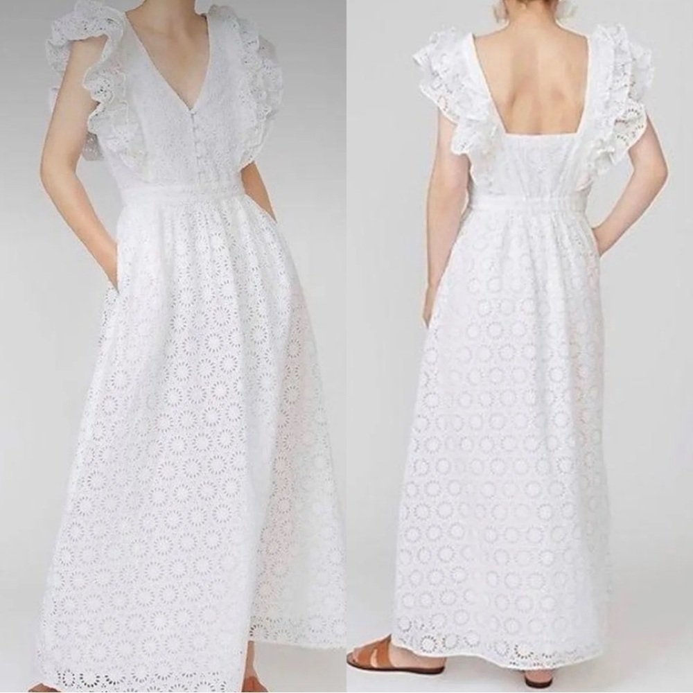 J.CREW Ruffle Maxi Eyelet Cotton Dress White Size: 4